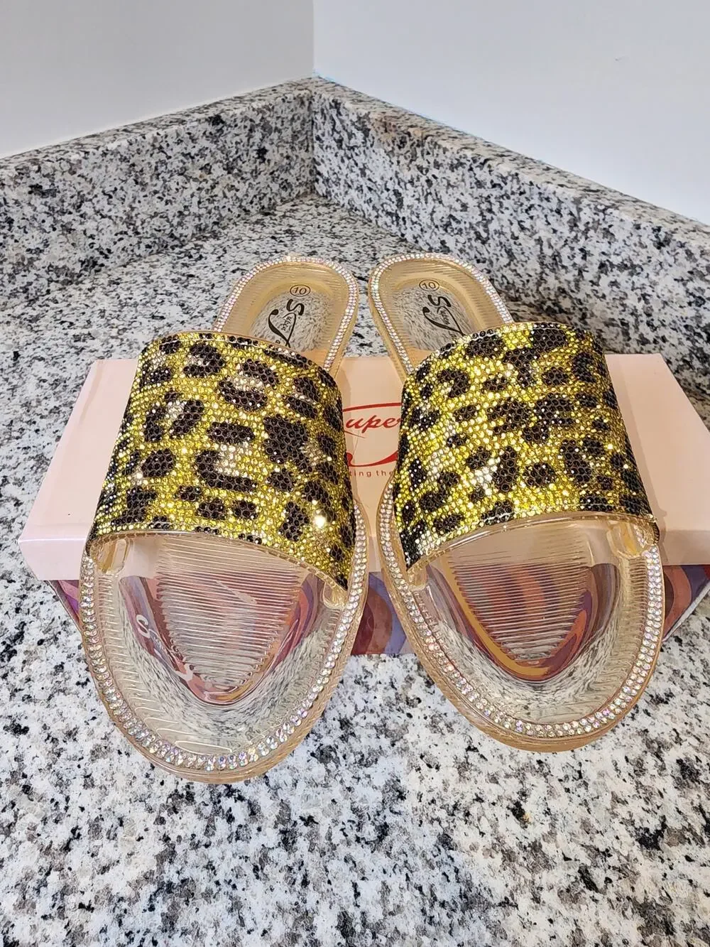 Super Jack Clear Gold Rhinestone Cougar Print Sandals